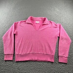 Honorine Pullover Womens S Pink Terry Notch Collar V-Neck Long Sleeve Top Cozy